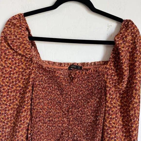 Moody Fall Sz Med Boho Floral Smocked Peasant Balloon Sleeve Crop Top Festival - Picture 5 of 15